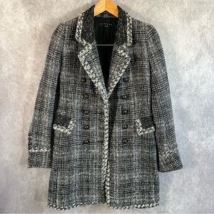 Sisley Jacket Women US 11 / EU 42 Black White Tweed Plaid Button Open Front Coat